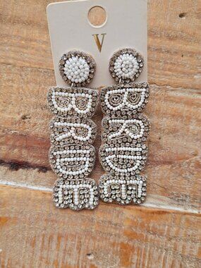 White Beaded Bridal Statement Earrings - Sparkly Tiki-Inspired NWT